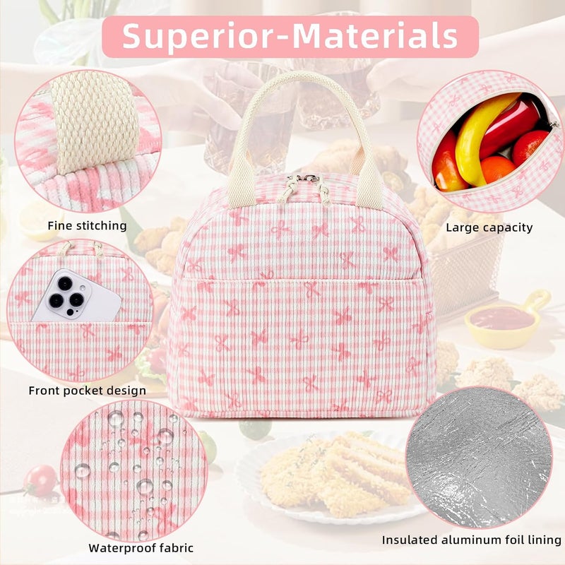 LEDAOU Lunch Box for Women Insulated Lunch Bag Corduroy Lunch Tote Bags Leakproof Cooler Lunch Case for Travel Work Picnic (Pink Bow Checkered) - Image 4